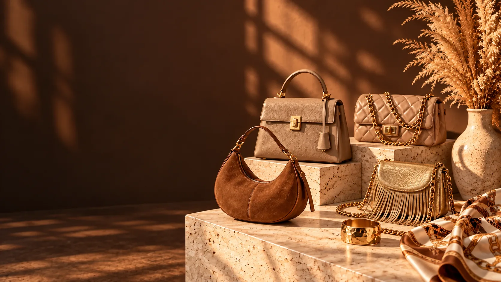 Bolsas de couro, matelassê e camurça sobre travertino