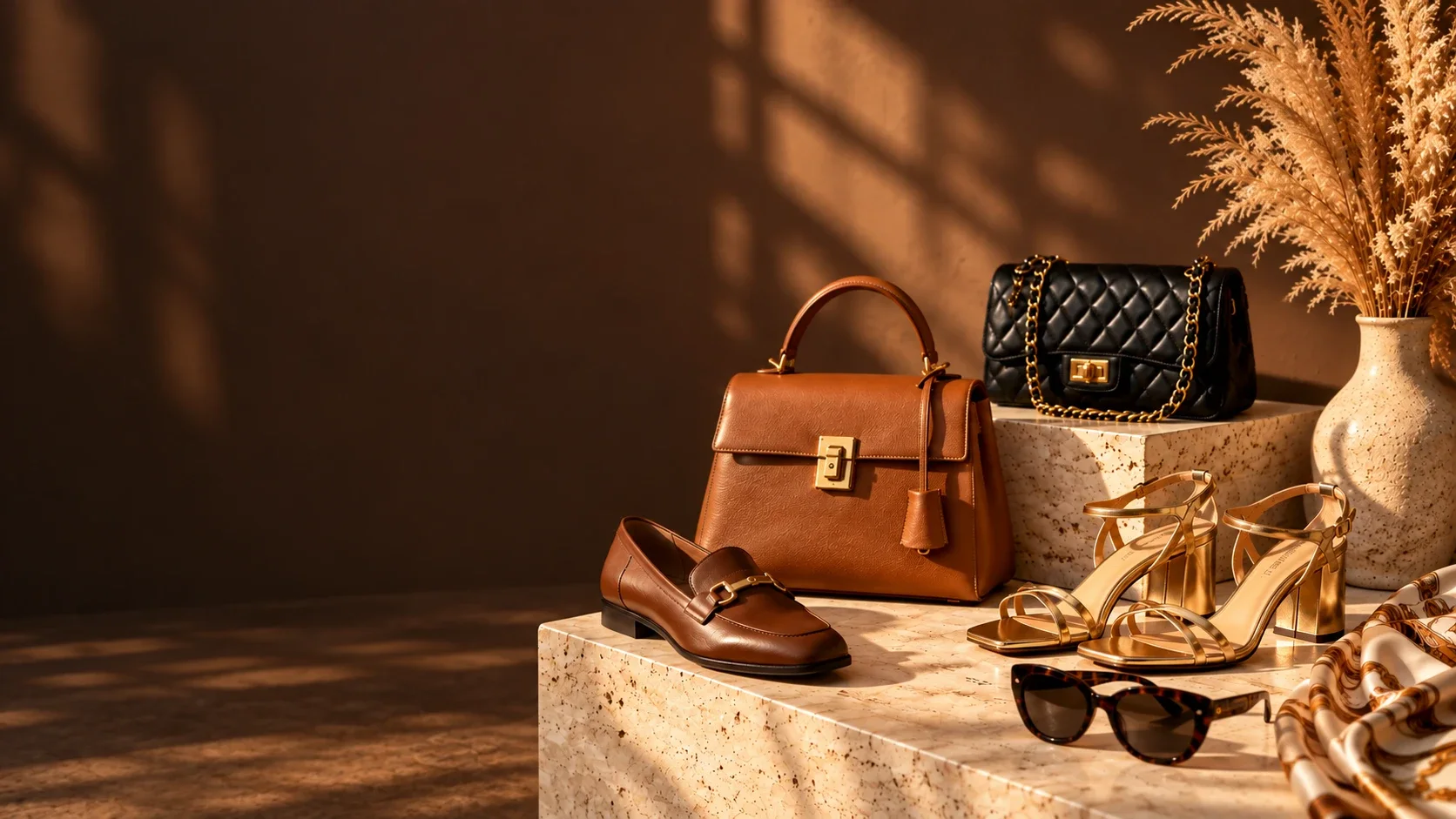 Bolsa caramelo, bolsa matelassê preta, mocassim e sandália dourada sobre travertino